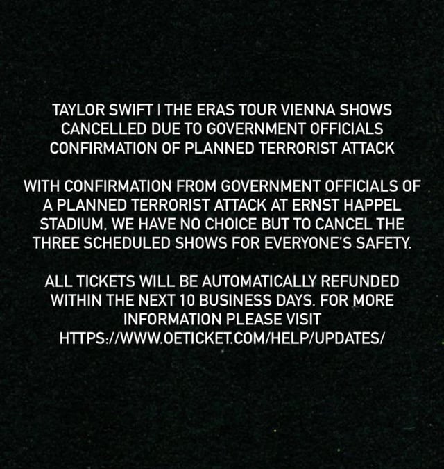 Eras Tour shows in Vienna cancelled : r/TaylorSwift